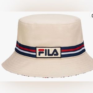 Bucket hat “Fila” reversible white with traditional red & navy blue trim & logo